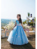 Blue Flower Appliques Long Fairytale Flower Girl Dress